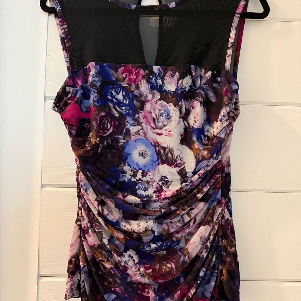 Cache Floral Mesh Yoke Camisole in Purple Multi